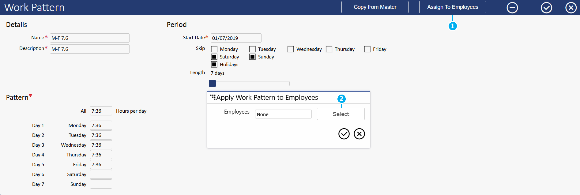 The Apply Work Pattern to Employees dialog in biotime, annotated: 1 the Assign To Employees button that opens this dialog, 2 the Select button that opens the employee picker.