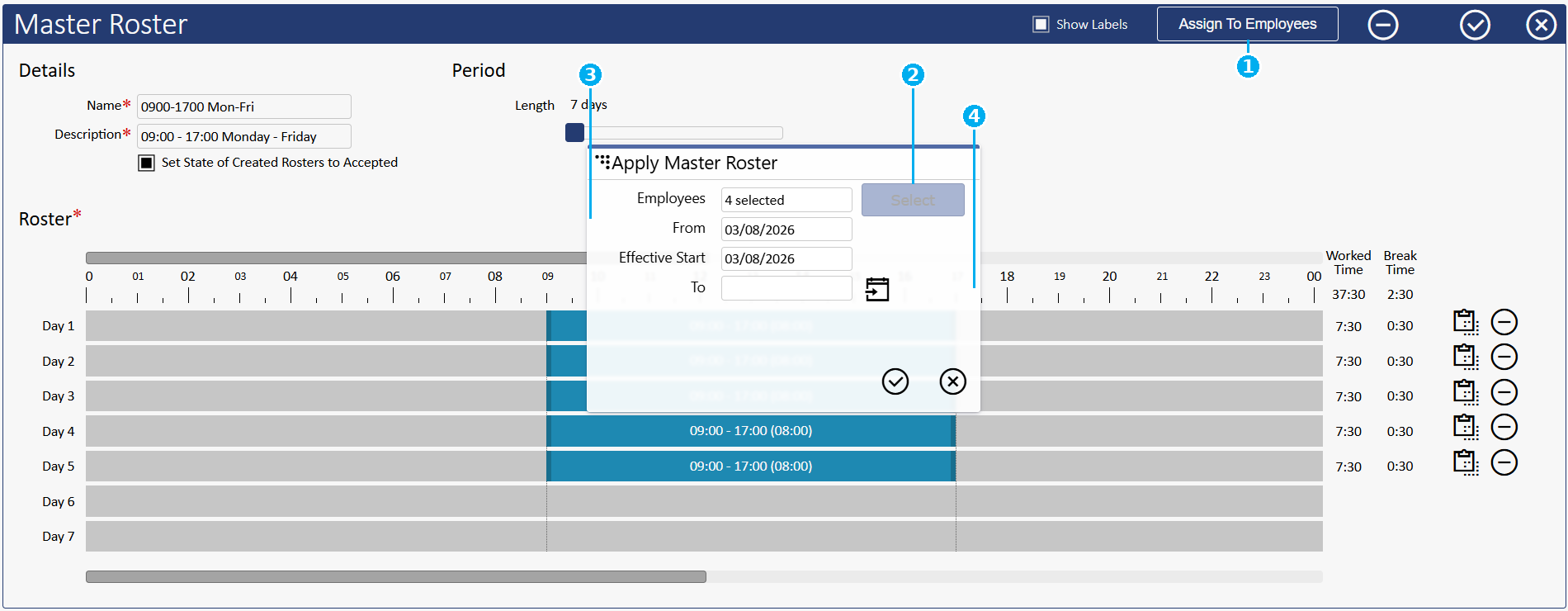 The Apply Master Roster dialog in biotime, annotated: 1 the Assign To Employees button that opens this dialog, 2 the Select button that opens the employee picker, 3 the From and Effective Start date fields, 4 the optional To (end date) field.