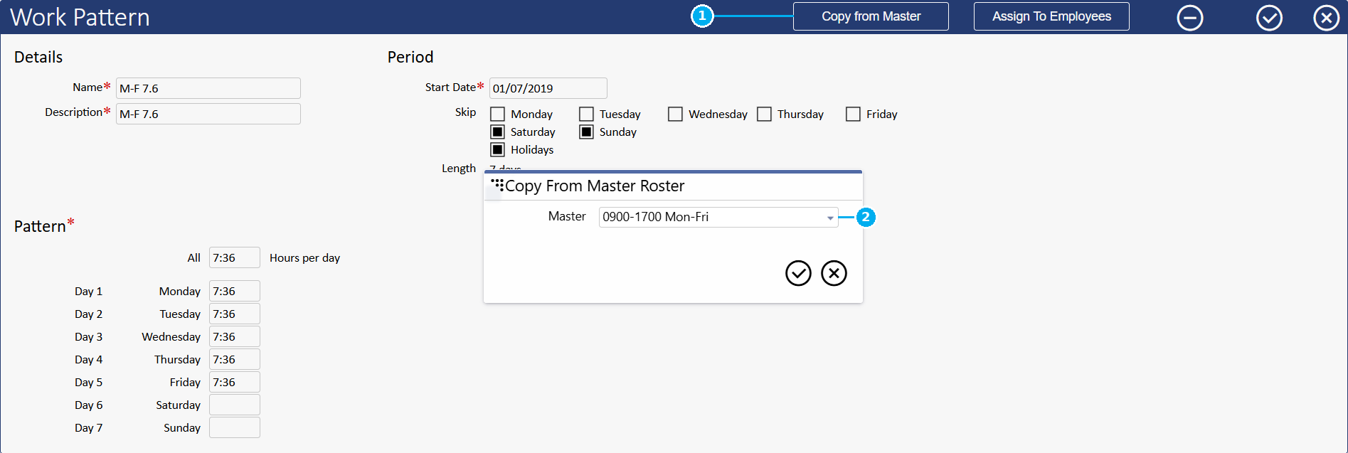 The Copy From Master Roster dialog in biotime, annotated: 1 the Copy from Master button that opens this dialog, 2 the Master dropdown used to pick which Master Roster to copy from.