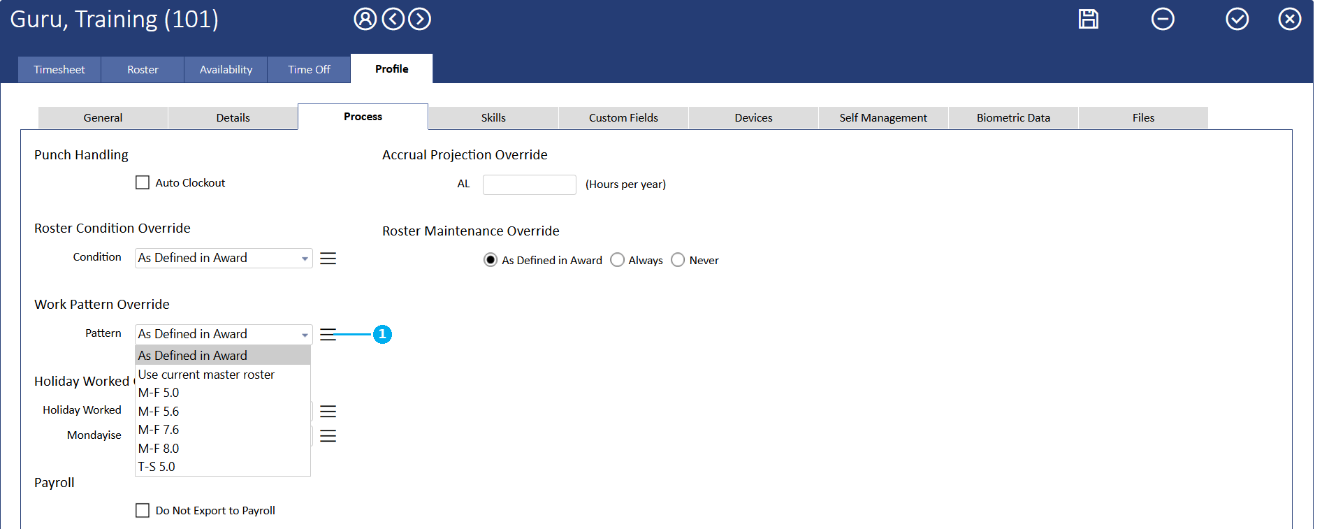 The employee's Profile → Process tab in biotime, annotated: 1 the Work Pattern Override → Pattern dropdown, where you set a named pattern, As Defined in Award, or Use current master roster for a single employee.