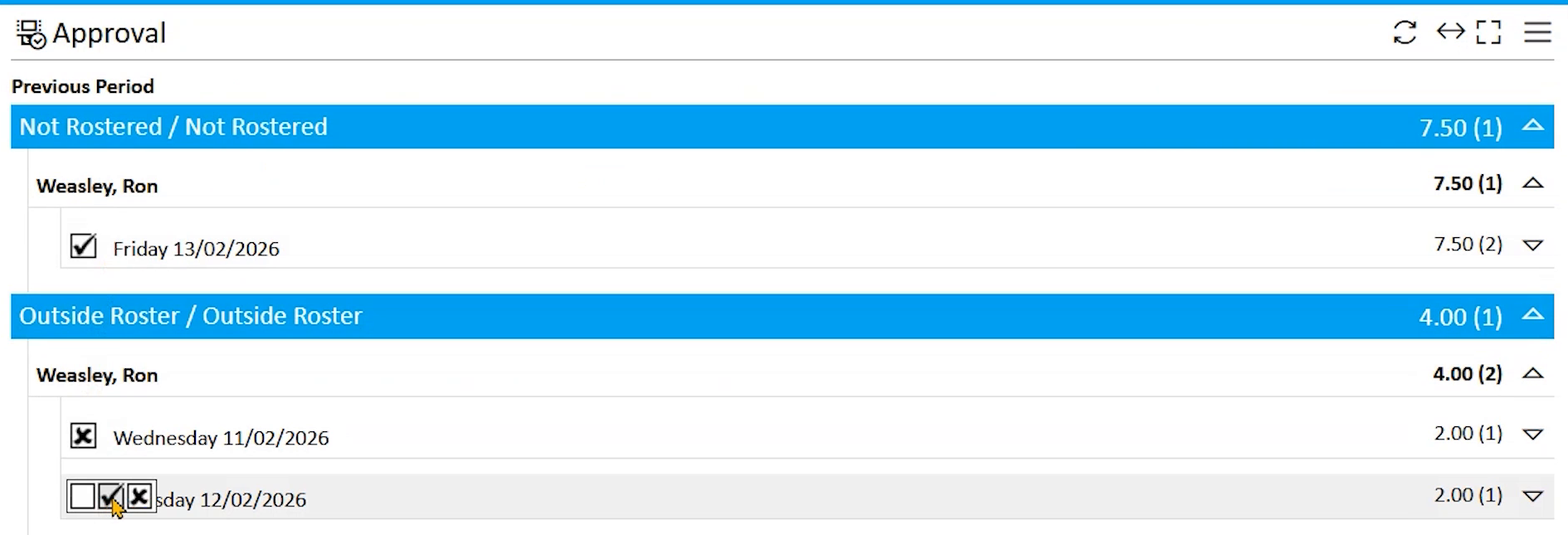 The Approval panel in biotime, showing an employee's excess hours grouped by category, with one day already approved, one declined, and one still awaiting a decision.