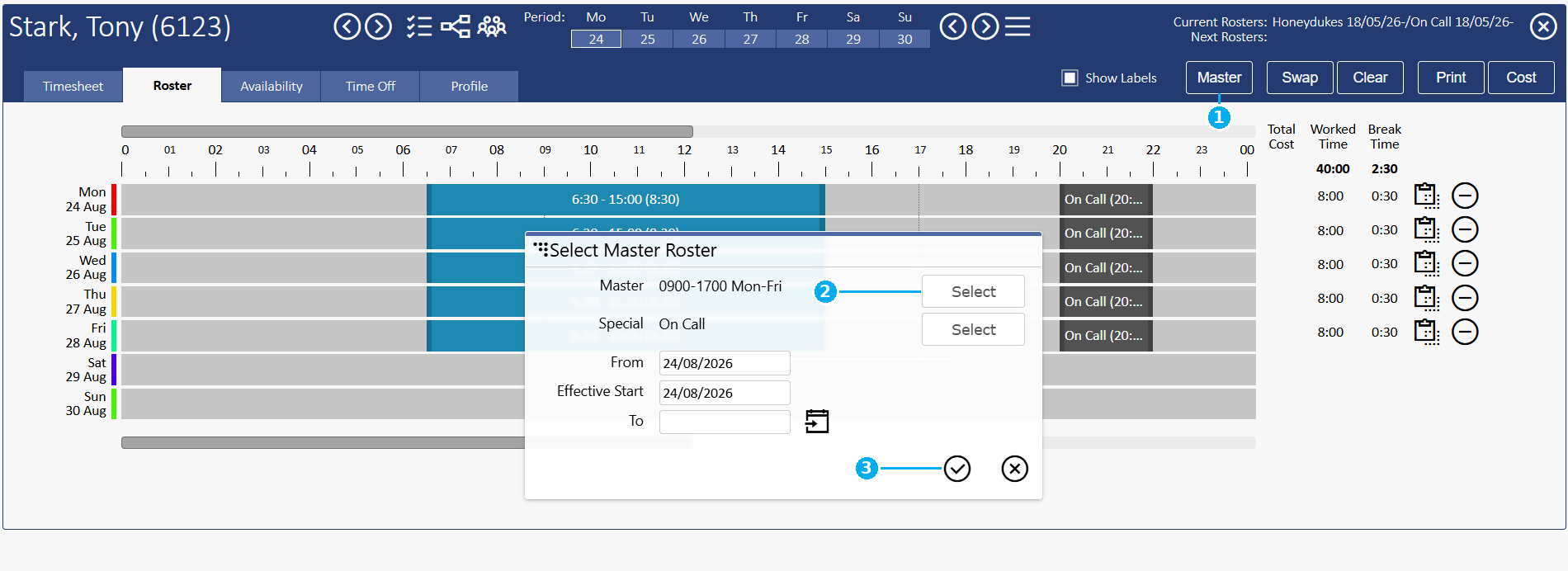 The employee's weekly roster screen in biotime, annotated: 1 the Master button that opens the Select Master Roster dialog, 2 the Select button next to the Master template row, 3 the checkmark button that applies the selected template.