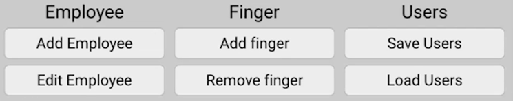 The bioscan 817 admin main menu, showing the Employee, Finger and Users columns