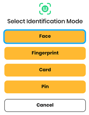 The bt505's Select Identification Mode screen with Face, Fingerprint, Card and Pin options.