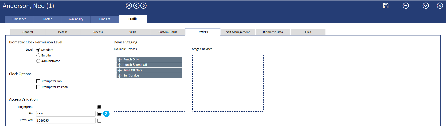 The employee profile’s Devices tab, showing the Access/Validation panel with the Pin field marked 2