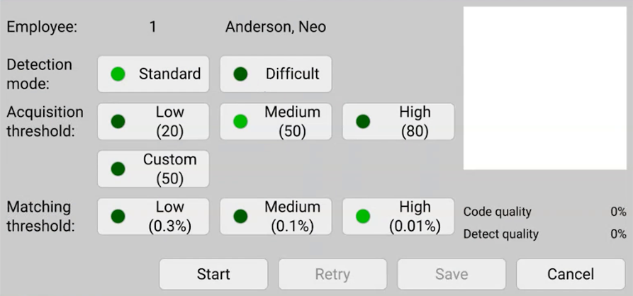 The fingerprint enrolment screen showing Detection mode, Acquisition threshold and Matching threshold on their defaults