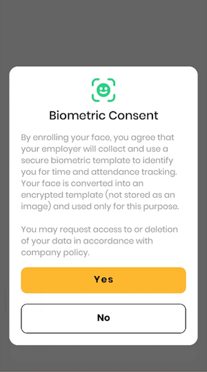 The bt505's Biometric Consent screen with Yes and No buttons.