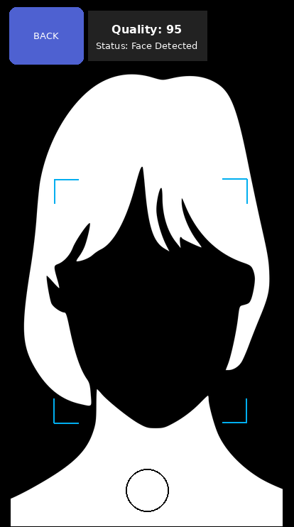 Ideal facial scan: the employee's face sits inside the blue crosshair and fills most of the camera view, with a quality score of 95 and the status showing Face Detected.
