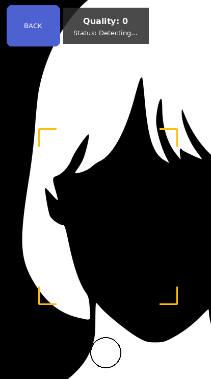 Too close and out of frame: the employee's face is large, pushed to one side and spilling out of a yellow crosshair, with a quality score of 0 and the status showing Detecting.
