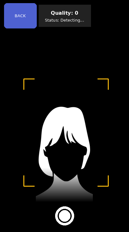 Too far from the camera: the employee's face is small and sits well inside a yellow crosshair, with a quality score of 0 and the status showing Detecting.